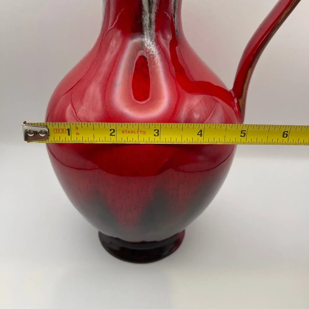 Vintage MCM Red Drip Glaze Ceramic Pitcher Vase Mid-Century Modern Pottery 11.5